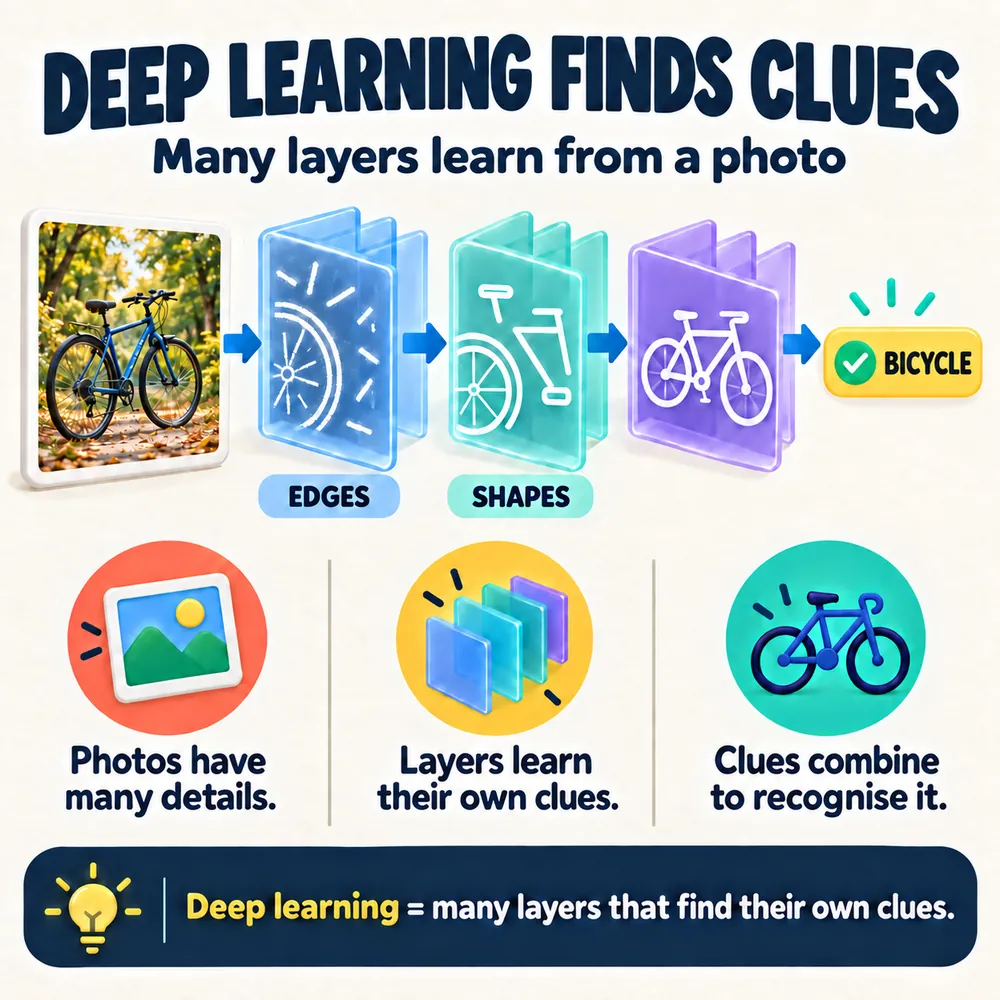 A bicycle photo passes through three glass layers: the first shows edges, the second shapes like a wheel and frame, the third a whole bicycle, ending in a BICYCLE label. Takeaway: deep learning is many layers that find their own clues.