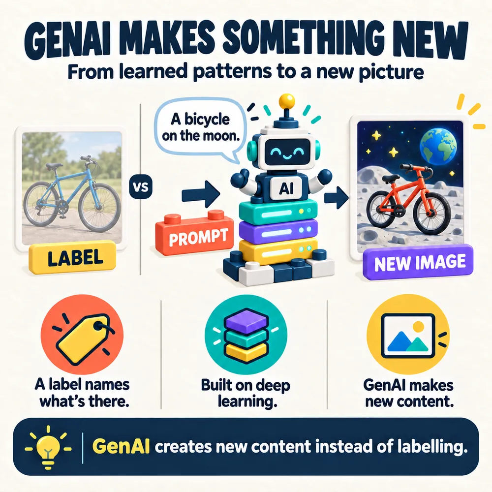 Left, faded: an ordinary bicycle photo with a LABEL tag, marked versus. Right: the prompt A bicycle on the moon goes to a robot built from stacked layers, which produces a new image of a bicycle on the moon. Takeaway: GenAI creates new content instead of labelling.
