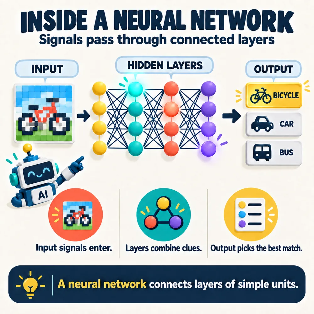 Inside a neural network: a pixelated bicycle image feeds a column of input dots, three hidden layers of connected dots, and an output that picks BICYCLE over CAR and BUS.
